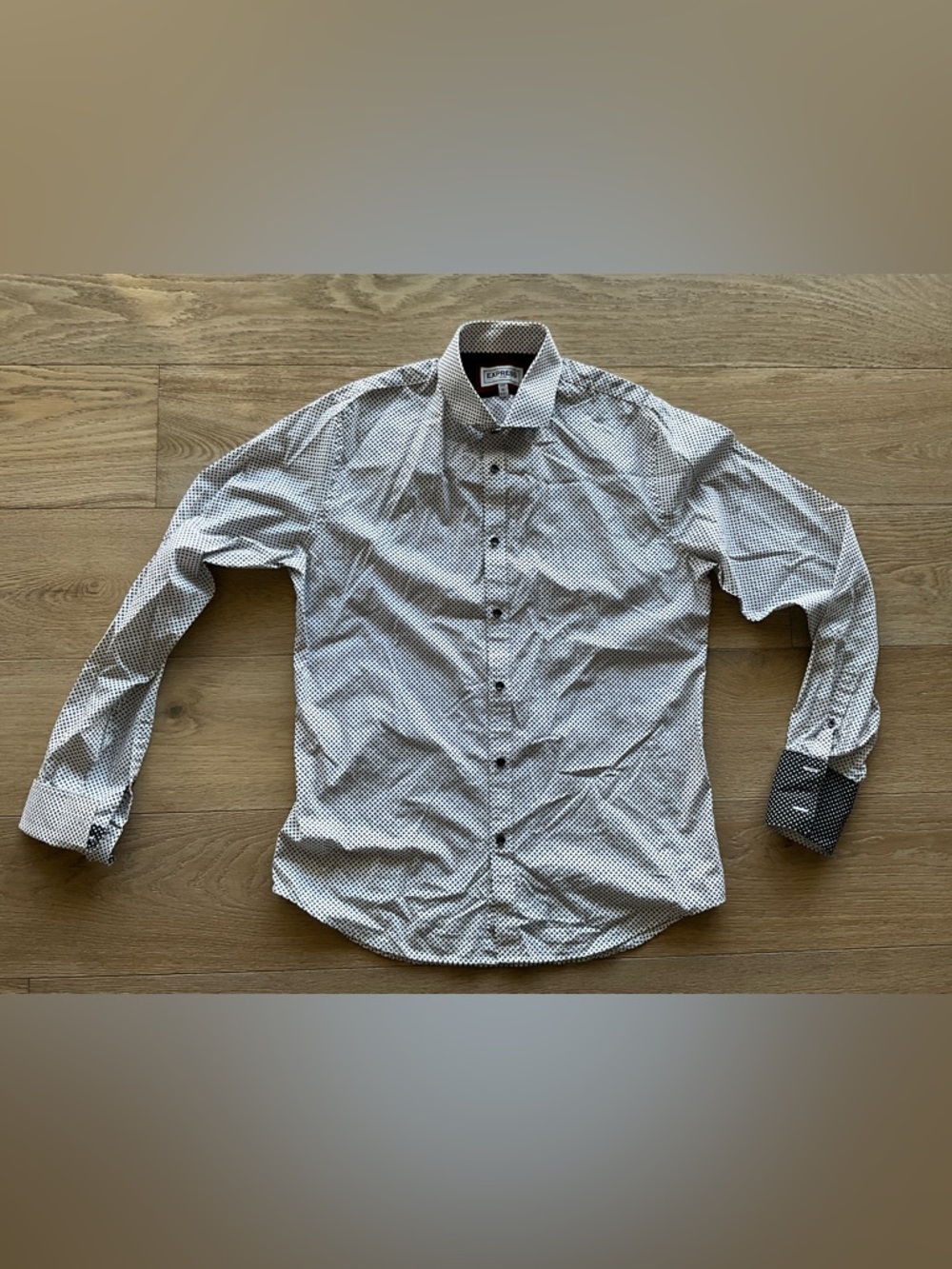 Express Men’s White Button-Down Shirt with Black Micro-Dot Print